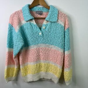 Y2K Pastel Striped Fuzzy Knit Sweater Polo Top Spice It Up Size M Rainbow Indie